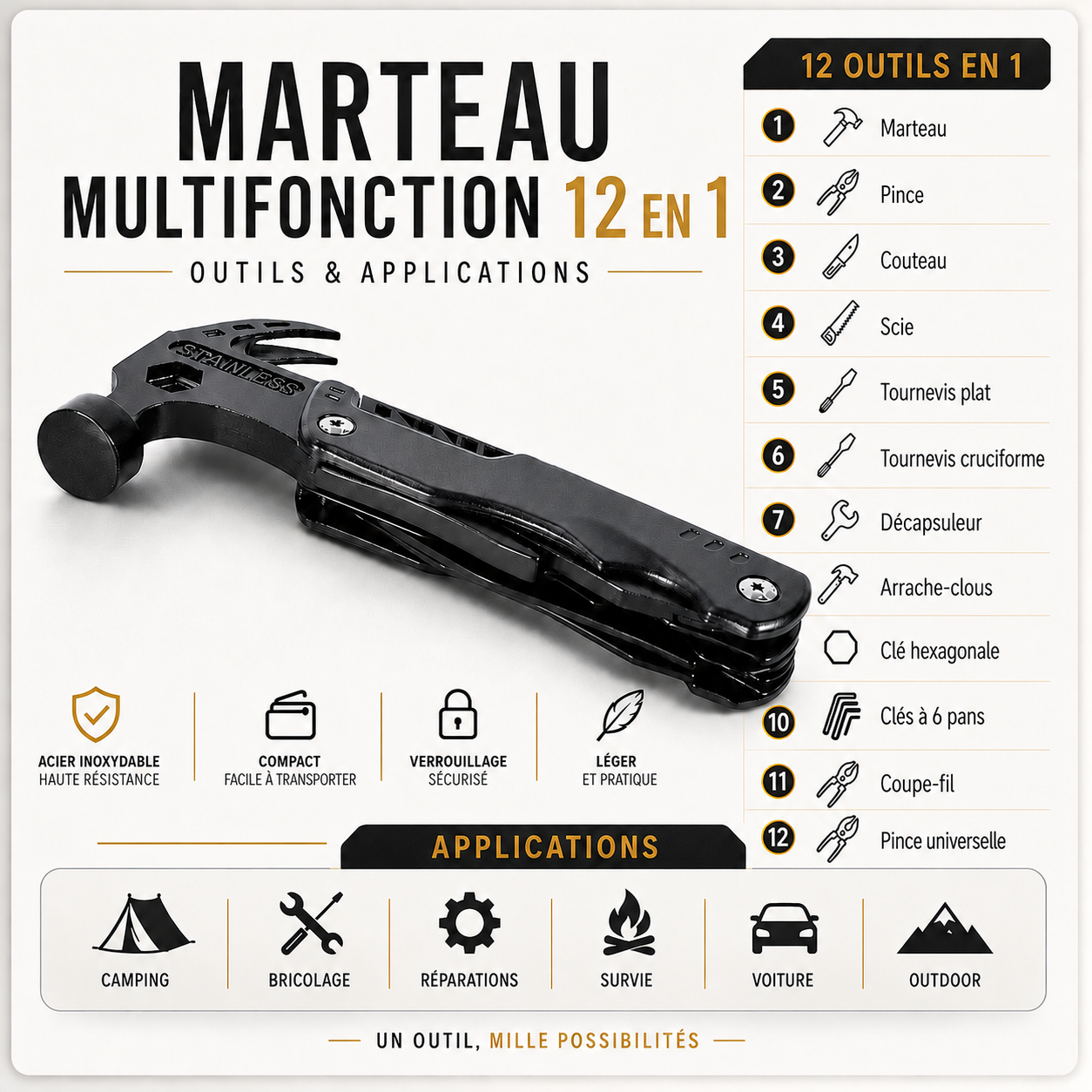 KRAVEN PRO marteau pince multifonction format poche 16cm 350g bricolage outdoor