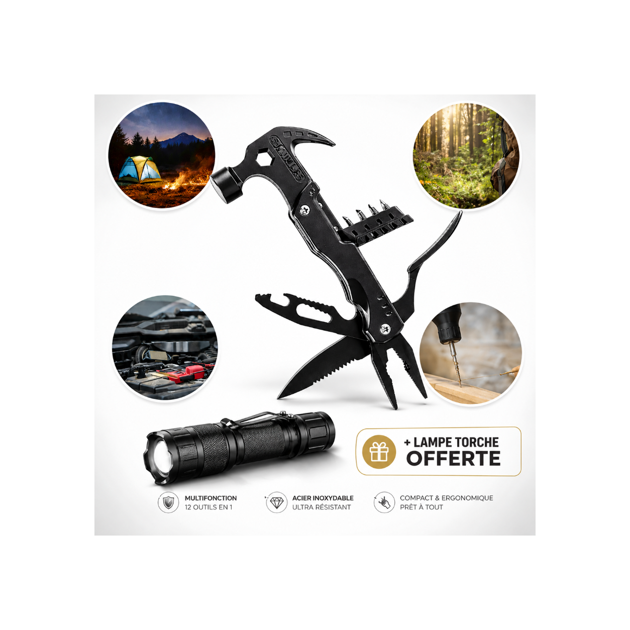 KRAVEN PRO outil multifonction 12 en 1 acier inoxydable 420 camping survie